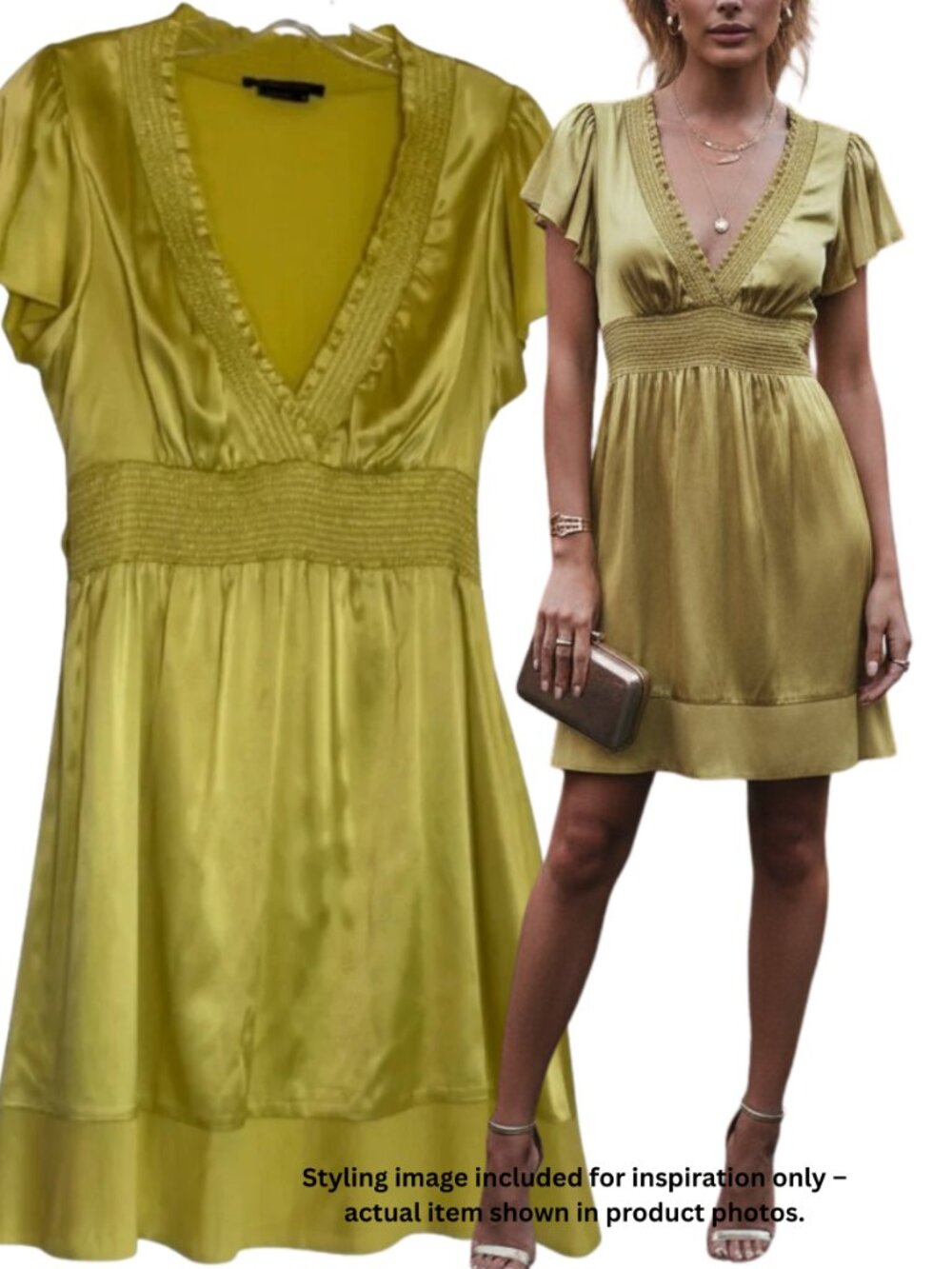 BCBG Maxazria Silk Dress Deep V Neck Smocked Empire Tie Waist Wedding Party Sm